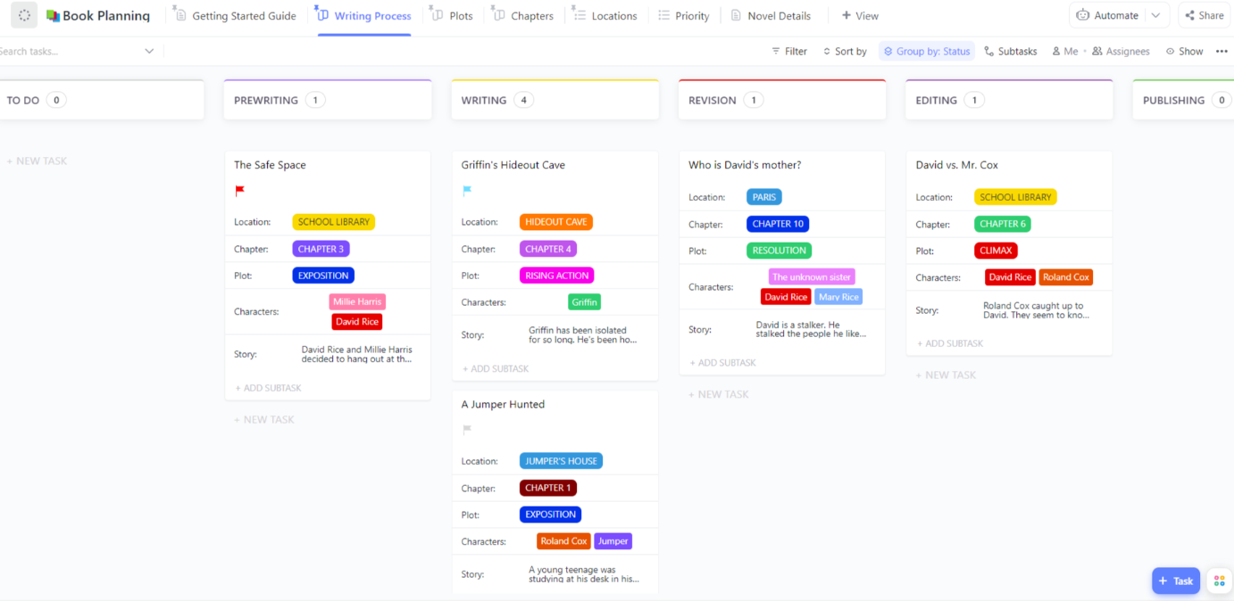 This template is a great tool to aid authors, writers, and aspiring writers in planning, writing, and publishing their books. The template contains the elements needed to create a book from beginning to end.